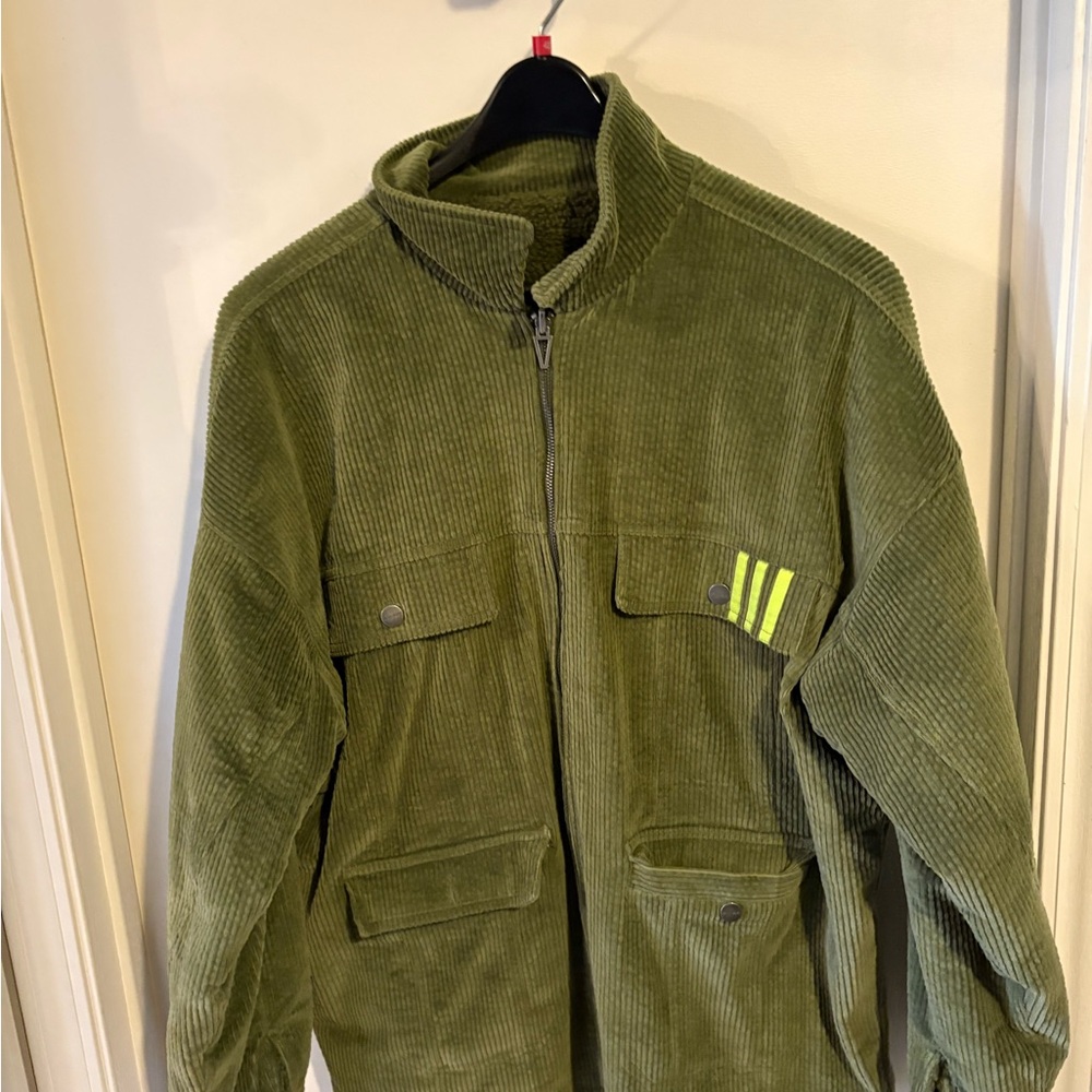 IVY PARK Olive Green Corduroy Zip Jacket with Neon Stripe